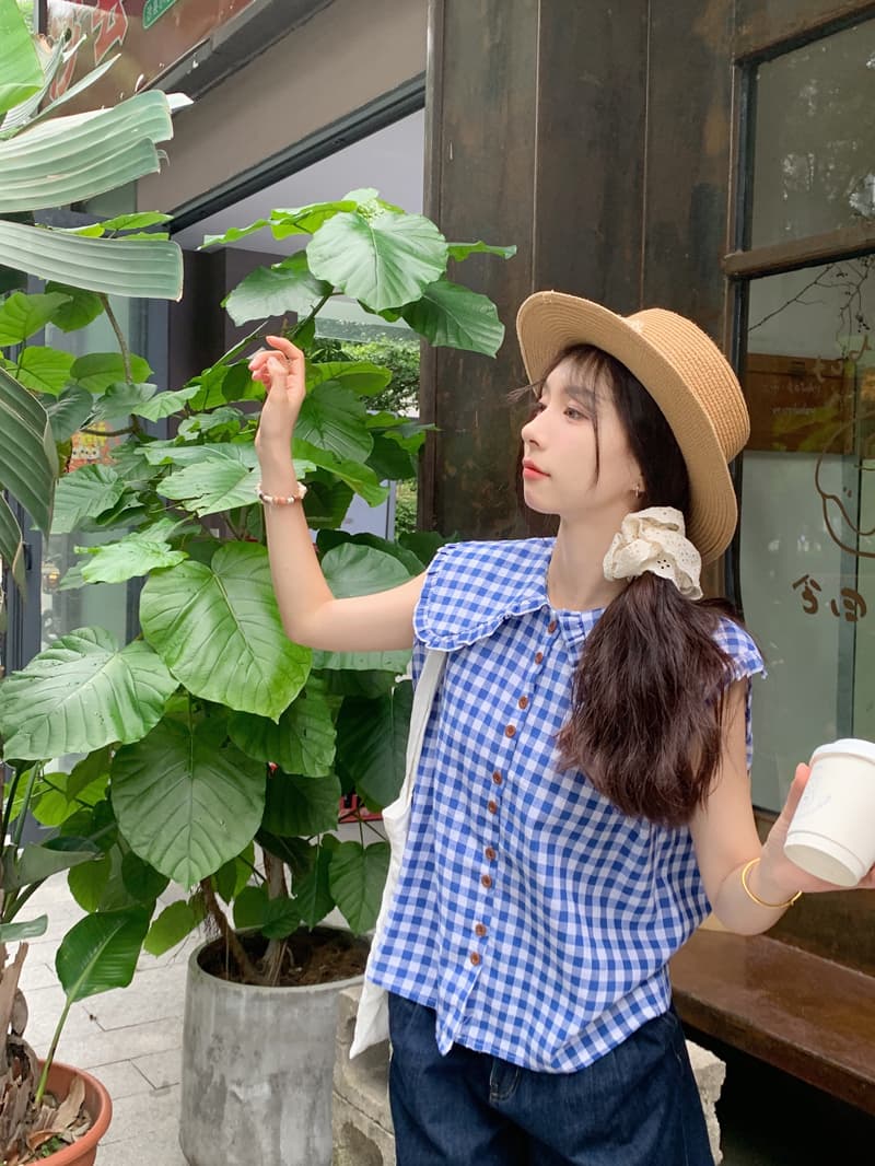 파란색 체크무늬 프릴 칼라 민소매 여성 셔츠 2026 년 새로운 작은 대중 연령 감소 Chic 베이비 칼라 조끼 맨위 상세 이미지 17
