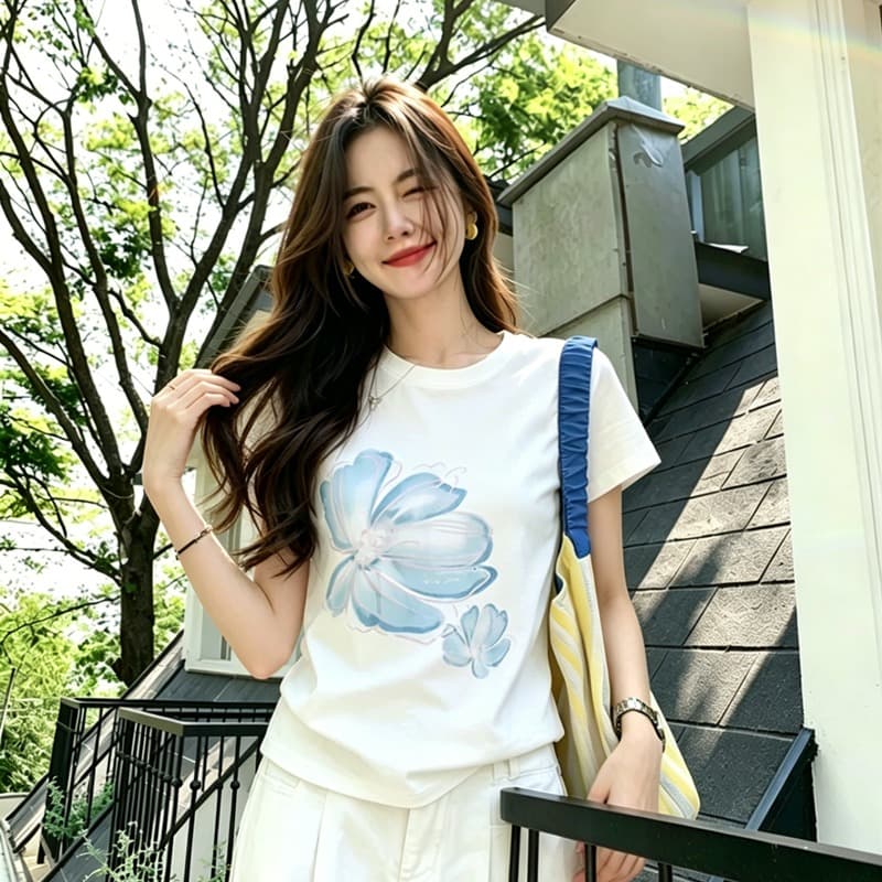 40 순면 220 그램 92 면 8 암모니아 Lun 긍정적 인 어깨 반팔 티셔츠 여성 프린트 국경 간 대외 무역 폭발 이미지 5