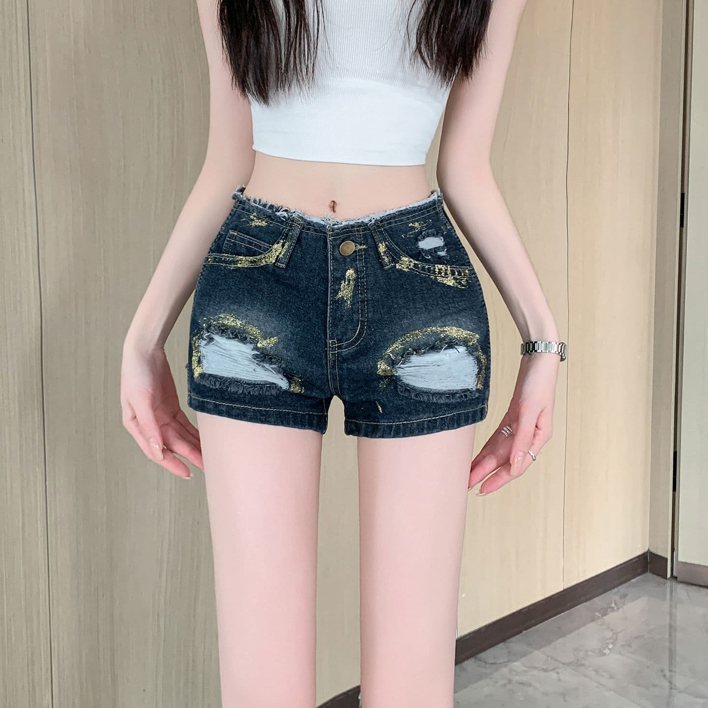 핫걸 로우 웨이스트 찢어진 부분 데님 반바지 여성 새로운 디자인 센스 타이트 슬림해 보이는 타이트 스커트 뜨거운 바지 상세 이미지 2