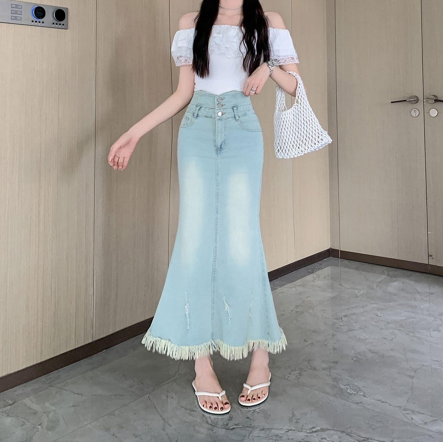 인어 꼬리 반신 스커트 여성 여름 디자인 센스 하이웨이스트 슬림해 보이는 아메리칸 레트로 거친 가장자리 데님 롱 스커트
