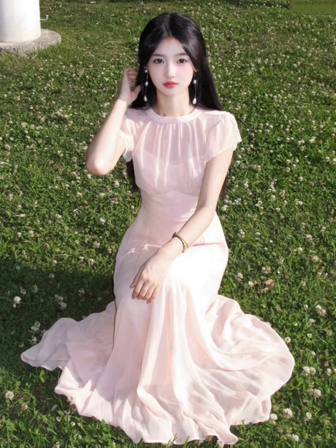 프랑스식 부드러운 바람 핑크색 반팔 드레스 2026 자이언트 잘 생긴 고급 센스 휴가 바람 품격 허리 수축 길다 치마 이미지 3