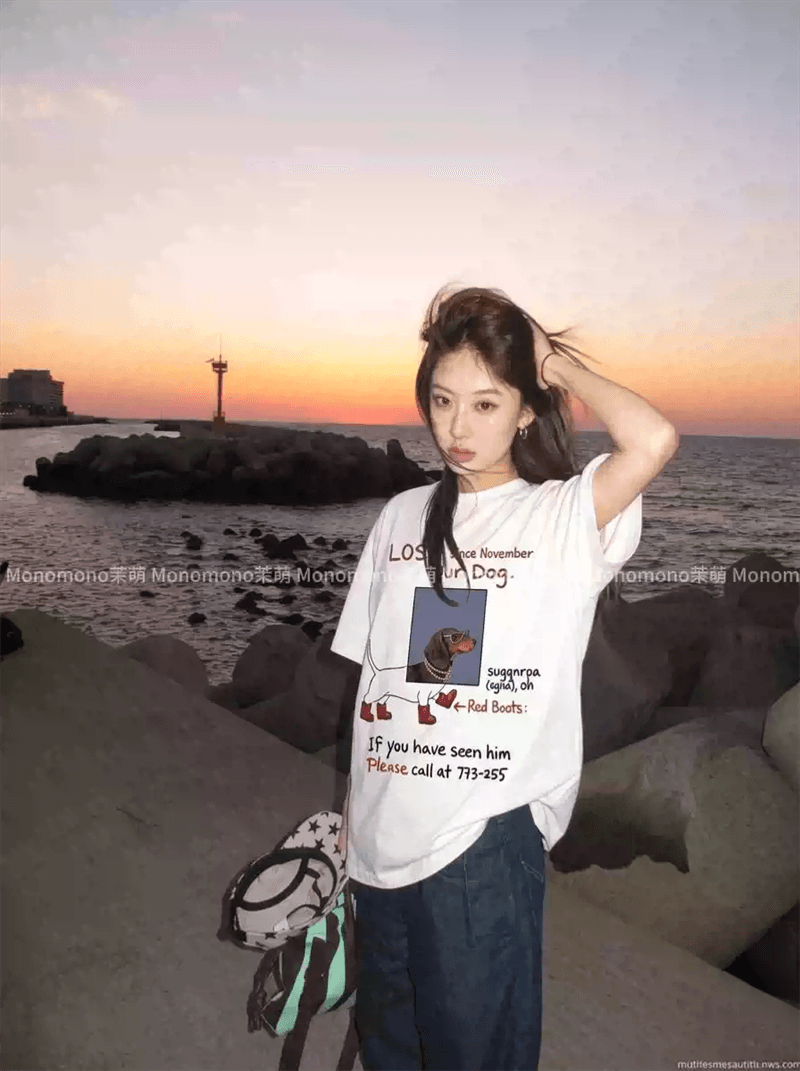 21 순면 210 그램 이후 패키지 칼라 여름 드레스 한 부서 반팔 티셔츠 여성 한국 스타일 루즈핏 빅 사이즈 프린트 이미지 3