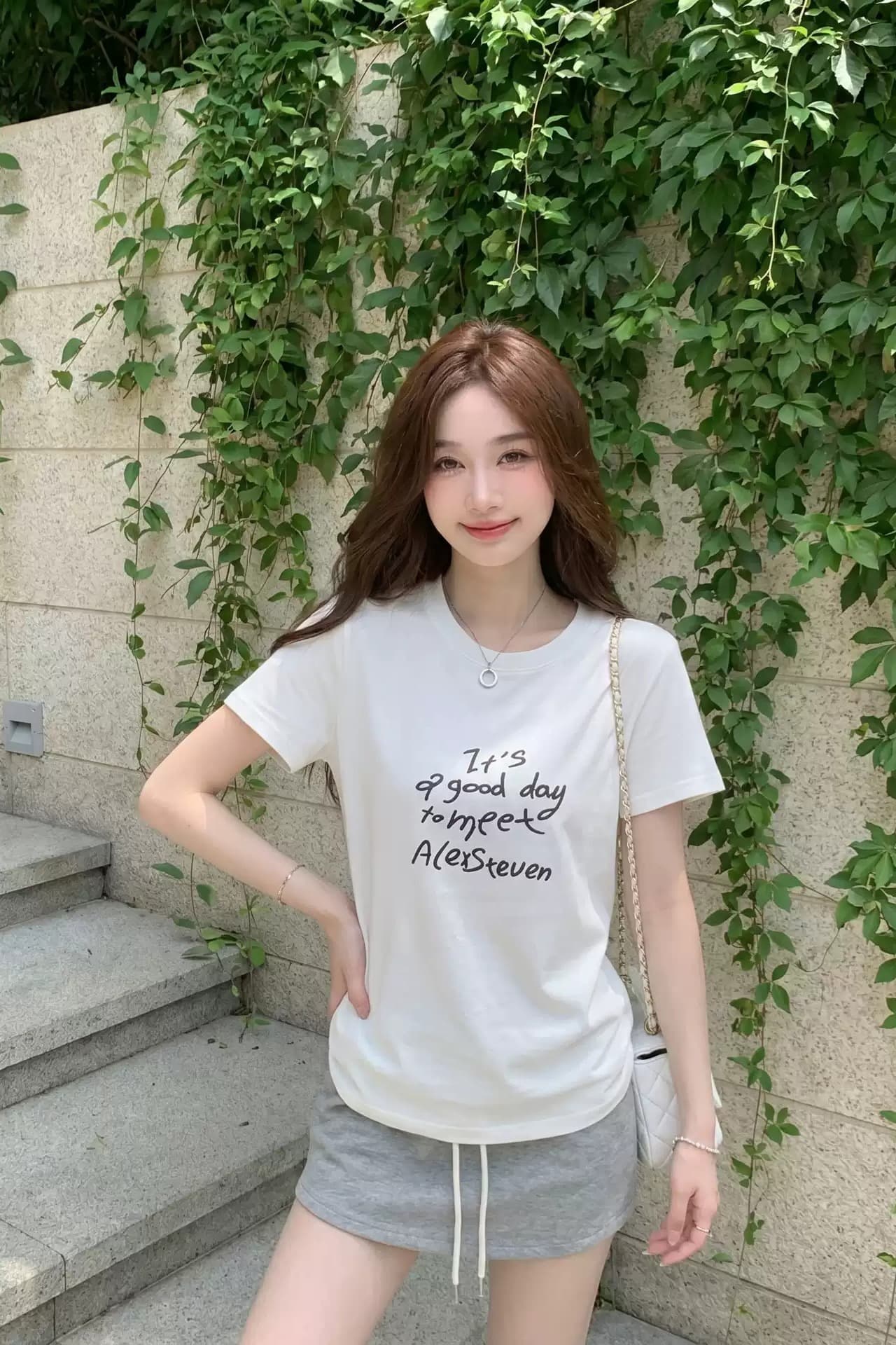 40 순면 220 그램 92 면 8 암모니아 Lun 긍정적 인 어깨 반팔 티셔츠 여성 프린트 이미지 6