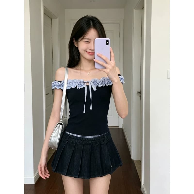 아메리칸 레트로 배색 프릴 레이스업 반팔 티셔츠 여성 여름 작은 키 허리 수축 핫걸 오프숄더 짧은 맨위 이미지 2