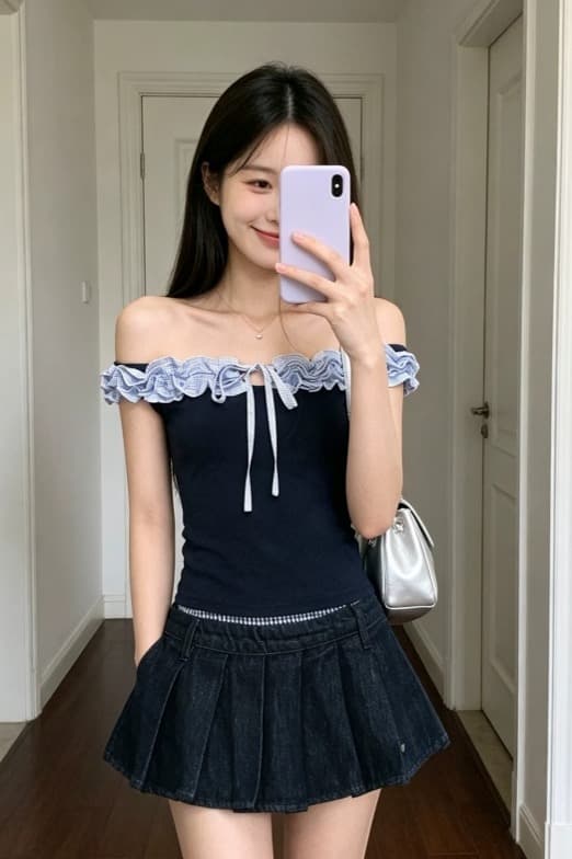 아메리칸 레트로 배색 프릴 레이스업 반팔 티셔츠 여성 여름 작은 키 허리 수축 핫걸 오프숄더 짧은 맨위 이미지 6