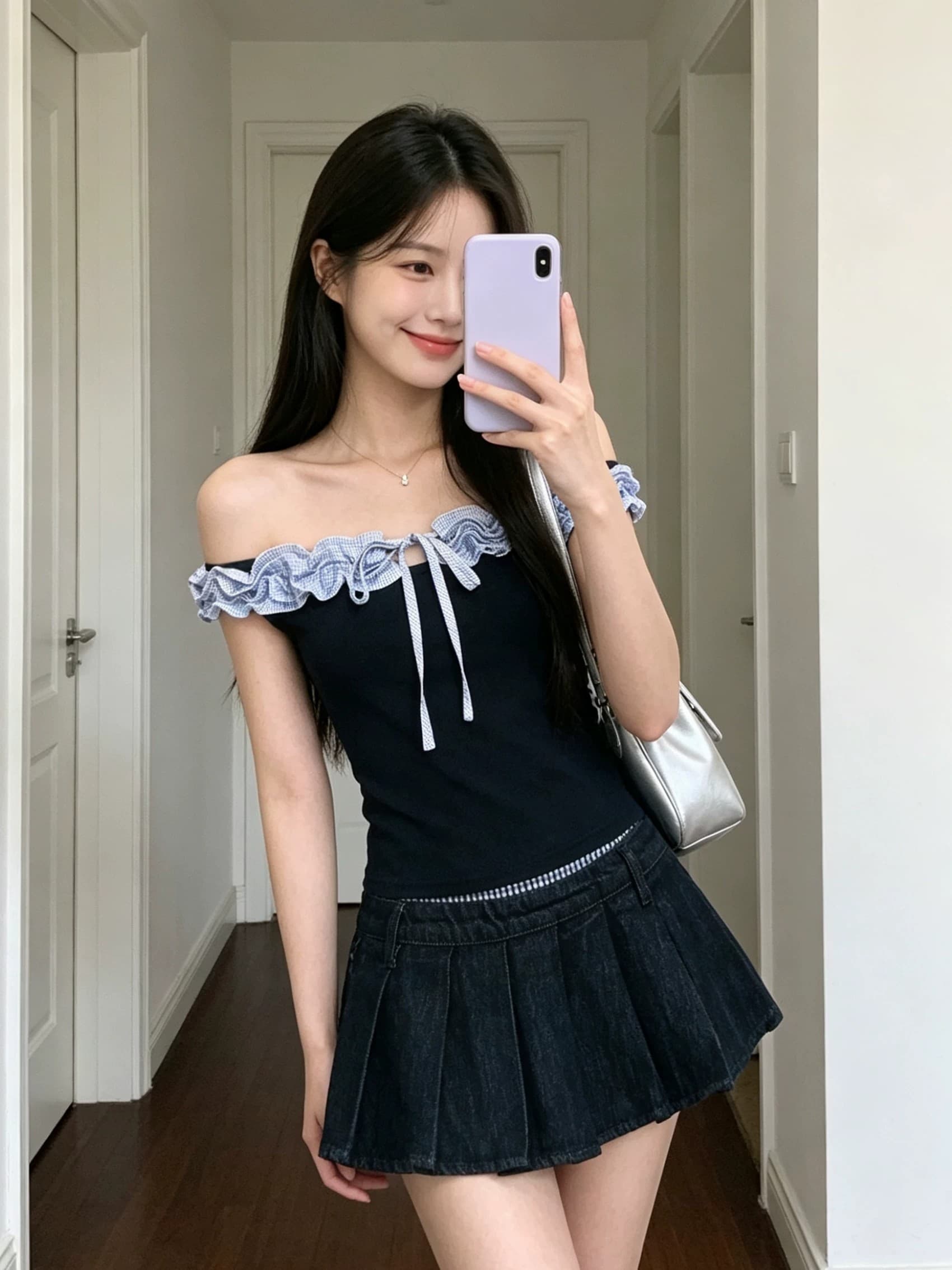 아메리칸 레트로 배색 프릴 레이스업 반팔 티셔츠 여성 여름 작은 키 허리 수축 핫걸 오프숄더 짧은 맨위 상세 이미지 4