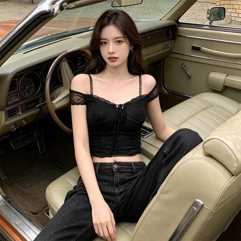 검정색 레이스 광장 칼라 캐미솔 여름 아메리칸 핫걸 바람 허리 수축 작은 셔츠 몸매 가꾸기 슬림해 보이는 민소매 맨위 상세 이미지 1