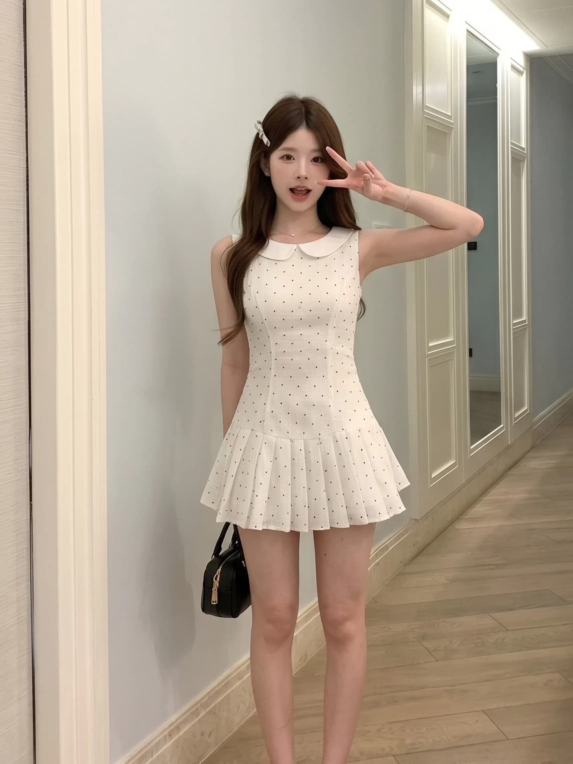 화이트 베이비 칼라 도트 무늬 민소매 여성 드레스 여름 2026 새로운 프랑스식 첫사랑 달콤함 작은 키 미니 스커트 이미지 4