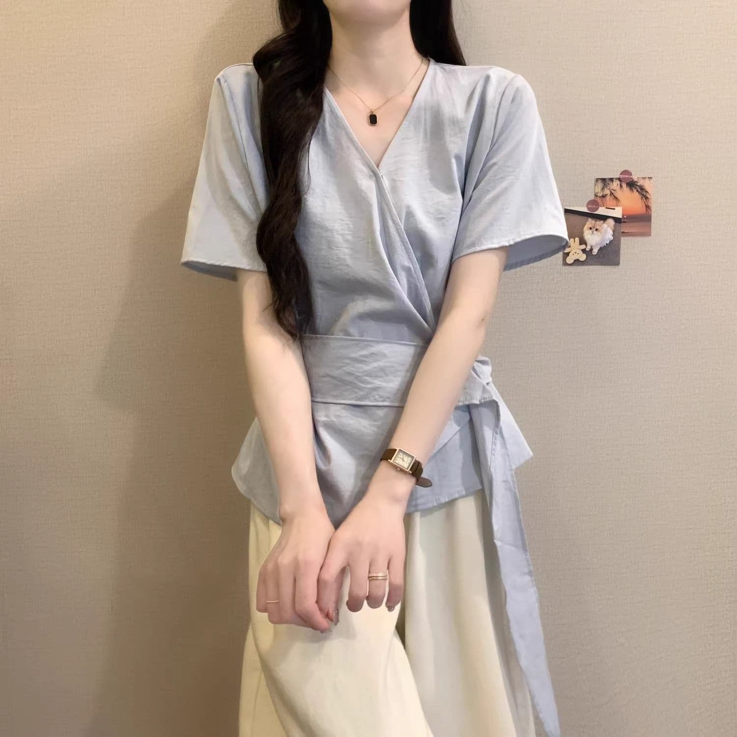 반팔 여성 셔츠 2026 년 여름 새로운 폭발 프랑스식 오픈 가디건 V넥 작은 허리 수축 불규칙 스트랩 맨위 상세 이미지 7