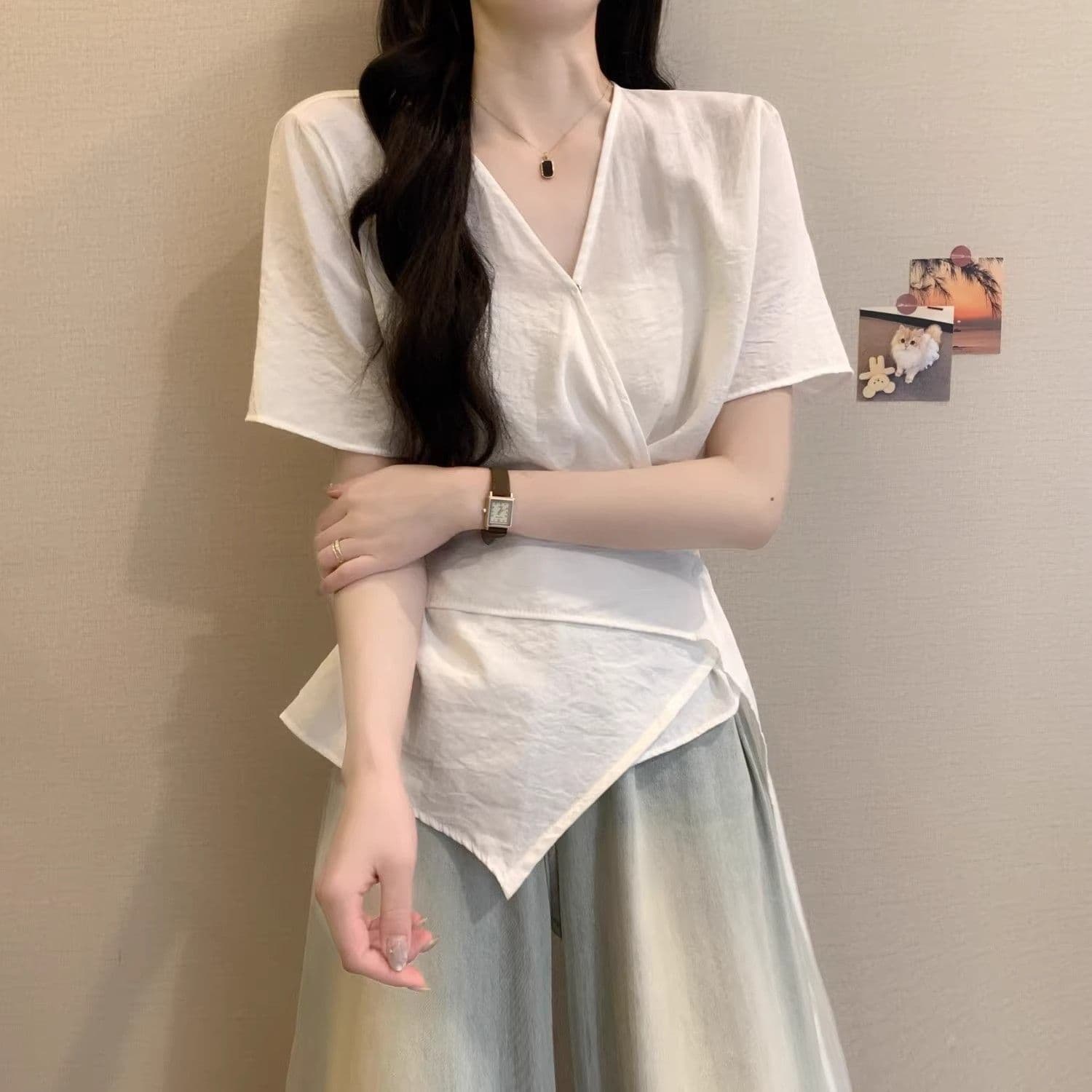 반팔 여성 셔츠 2026 년 여름 새로운 폭발 프랑스식 오픈 가디건 V넥 작은 허리 수축 불규칙 스트랩 맨위 상세 이미지 15