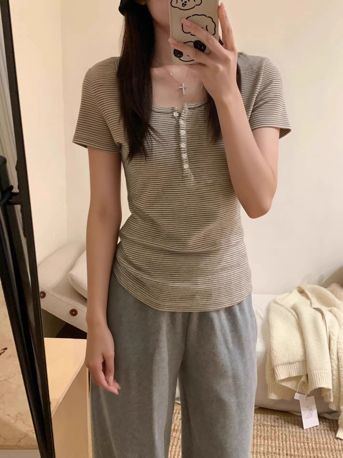 한 부서 레트로 스트라이프 단추 u 칼라 반팔 티셔츠 여성 여름 몸매 가꾸기 인사이드 가져 가라. 기본 셔츠 긍정적 인 어깨 슬림해 보이는 맨위 트렌디