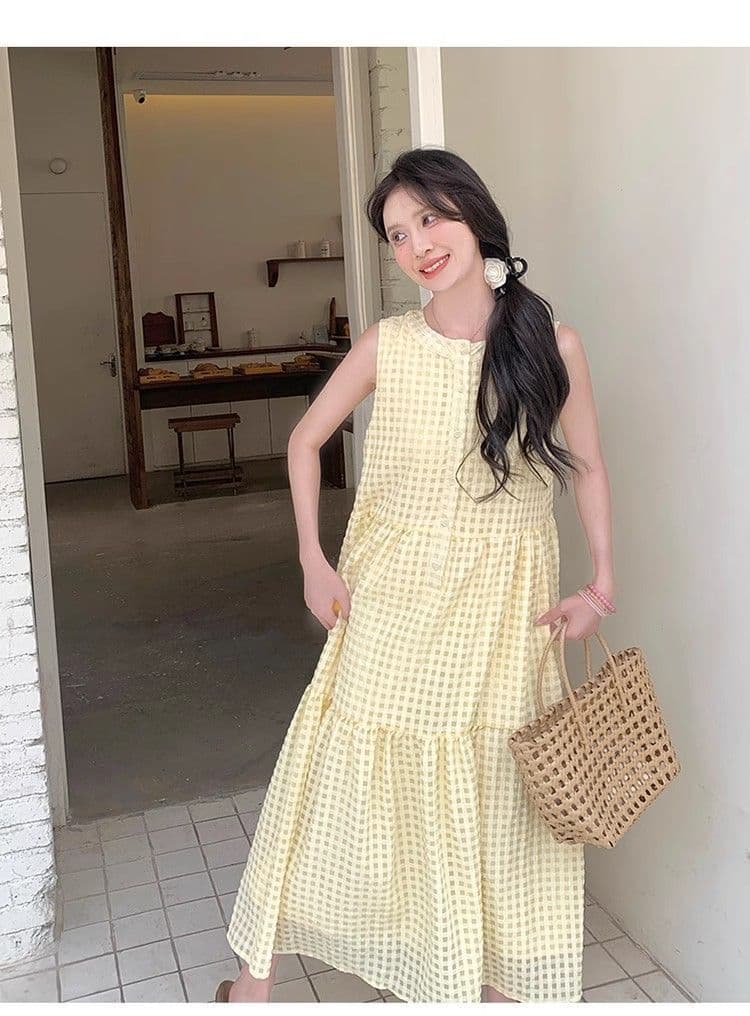 밝은 노란색 색상 후아 남편 그리드 민소매 드레스 2026 새로운 여성 여름 도파민 달콤함 작은 키 프랑스식 조끼 스커트 상세 이미지 11