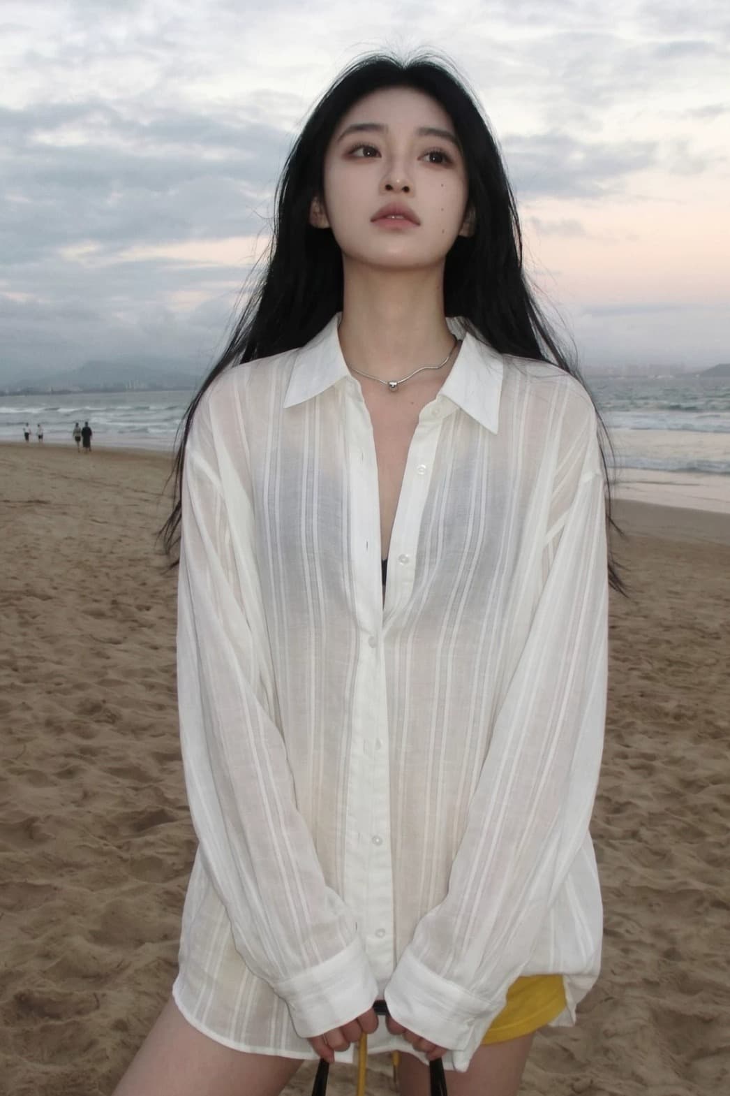 화이트 스트라이프 긴팔 여성 셔츠 디자인 센스 외부 가져 가라. 자외선 차단 셔츠 루즈핏 얇은 스타일 품격 맨위 이미지 7