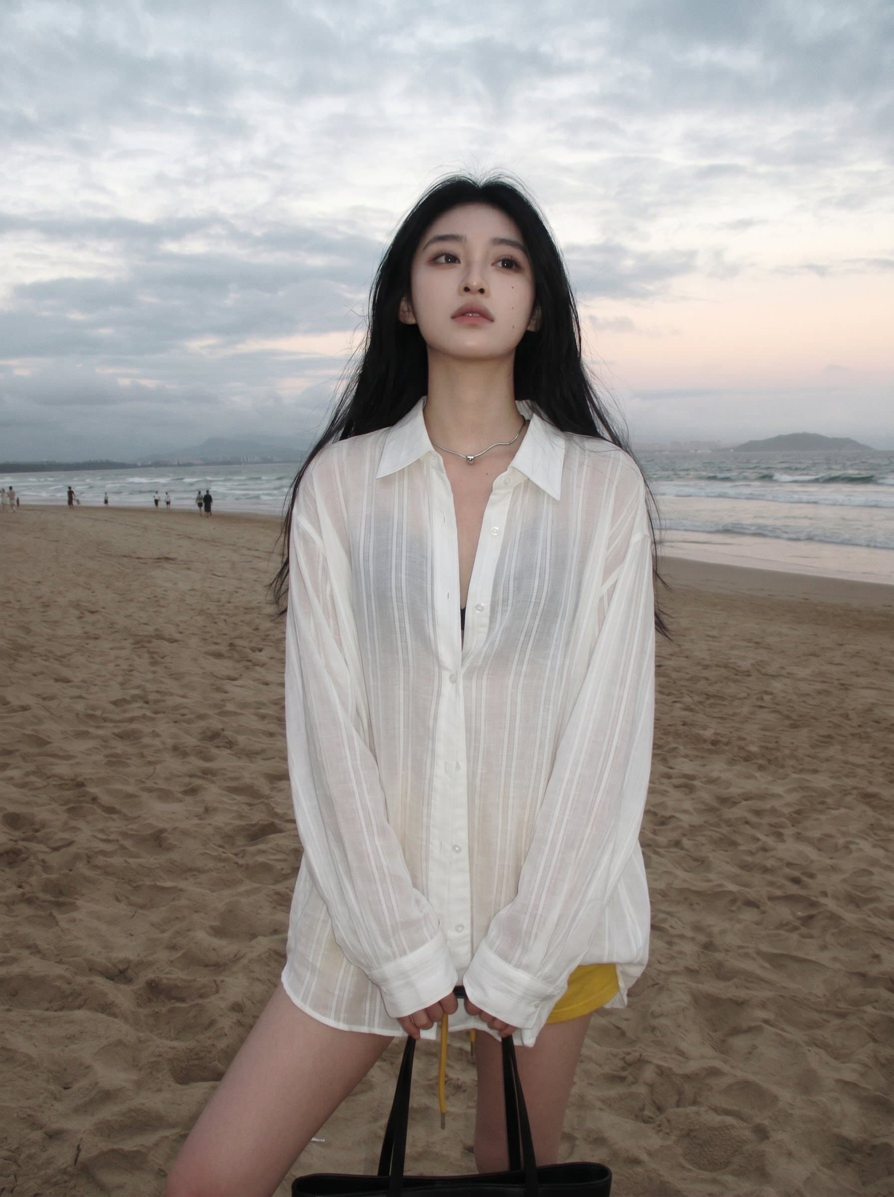 화이트 스트라이프 긴팔 여성 셔츠 디자인 센스 외부 가져 가라. 자외선 차단 셔츠 루즈핏 얇은 스타일 품격 맨위 상세 이미지 2