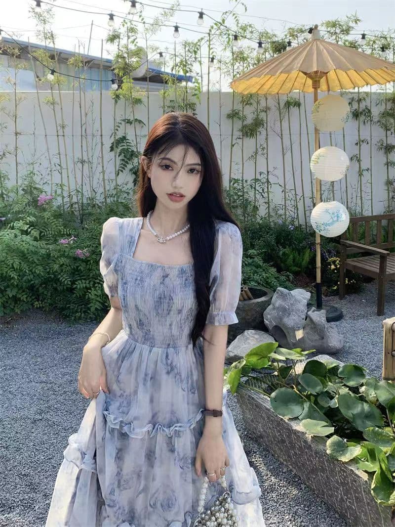 빅 사이즈 여성 의류 프랑스식 슈퍼 요정 캄파넬라 세과 꽃무늬 롱 스커트 통통한 여동생 센 부서 허리 수축 디스플레이 농땡이 부리다 첫사랑 쉬폰 드레스 상세 이미지 6