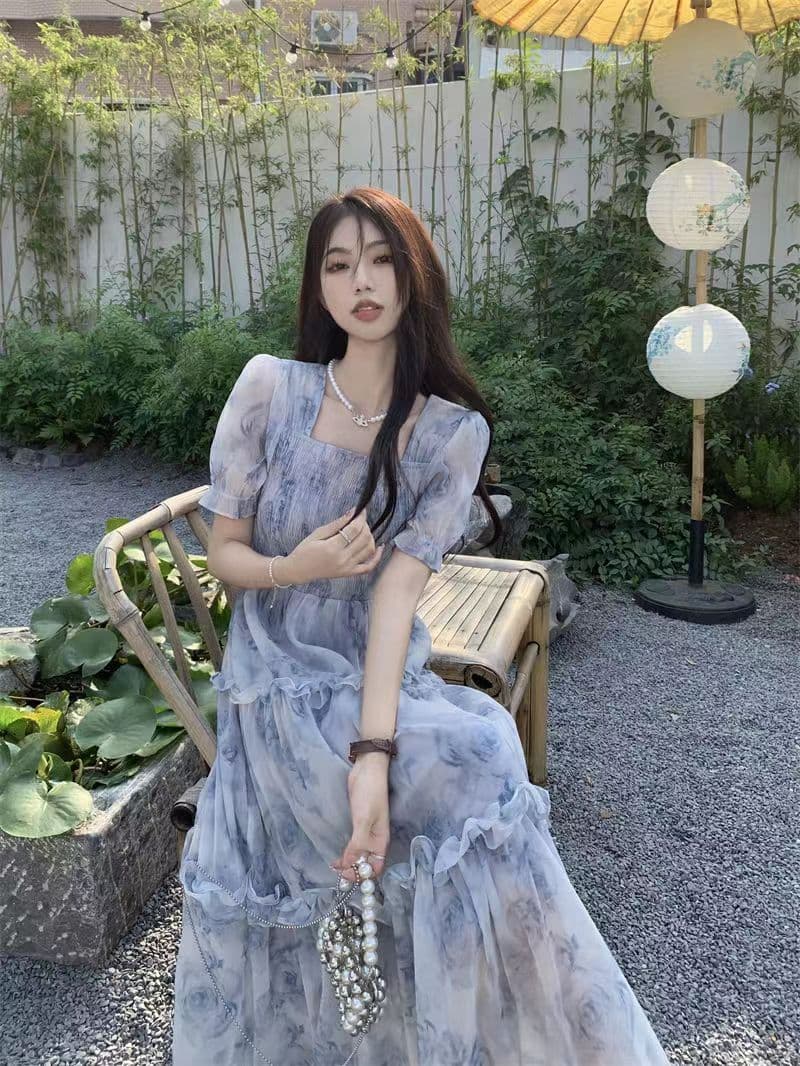 빅 사이즈 여성 의류 프랑스식 슈퍼 요정 캄파넬라 세과 꽃무늬 롱 스커트 통통한 여동생 센 부서 허리 수축 디스플레이 농땡이 부리다 첫사랑 쉬폰 드레스 상세 이미지 7