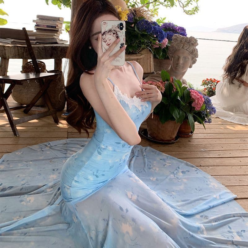 여름 발레 휴가 바람 슈퍼 요정 레이스 조각 슬립 드레스 망사 헤일로 염색 꽃무늬 인어 꼬리 치마 아름다운 순수한 욕망 이미지 5