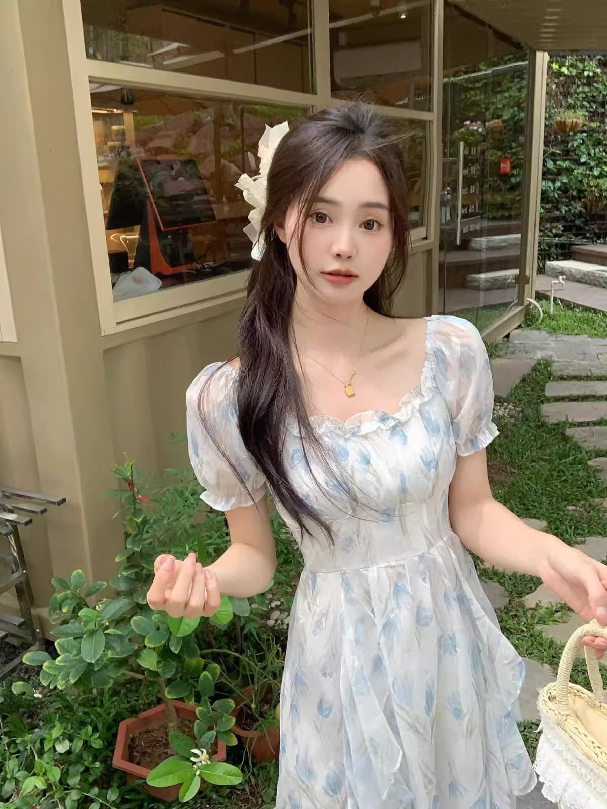 2026 새로운 지방 mm 여름 새로운 그는 벤 바람 관대 한 칼라 프릴 첫사랑 프랑스식 꽃무늬 쉬폰 드레스 상세 이미지 4