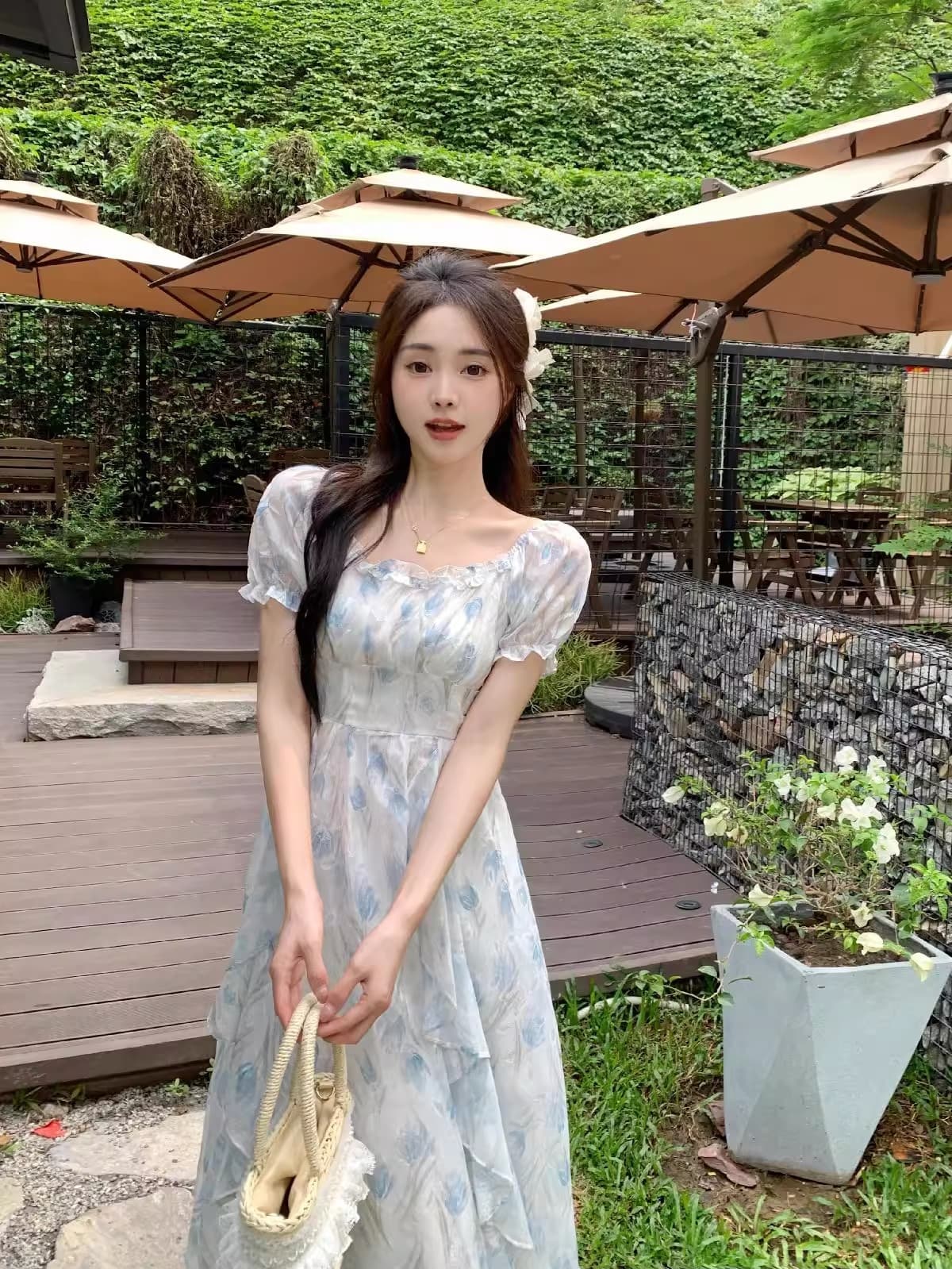 2026 새로운 지방 mm 여름 새로운 그는 벤 바람 관대 한 칼라 프릴 첫사랑 프랑스식 꽃무늬 쉬폰 드레스 상세 이미지 15