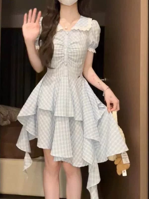 파란색 체크무늬 베이비 칼라 여성 드레스 여름 작은 키 레트로 학원 스타일 디자인 센스 불규칙 짧은 치마 상세 이미지 12