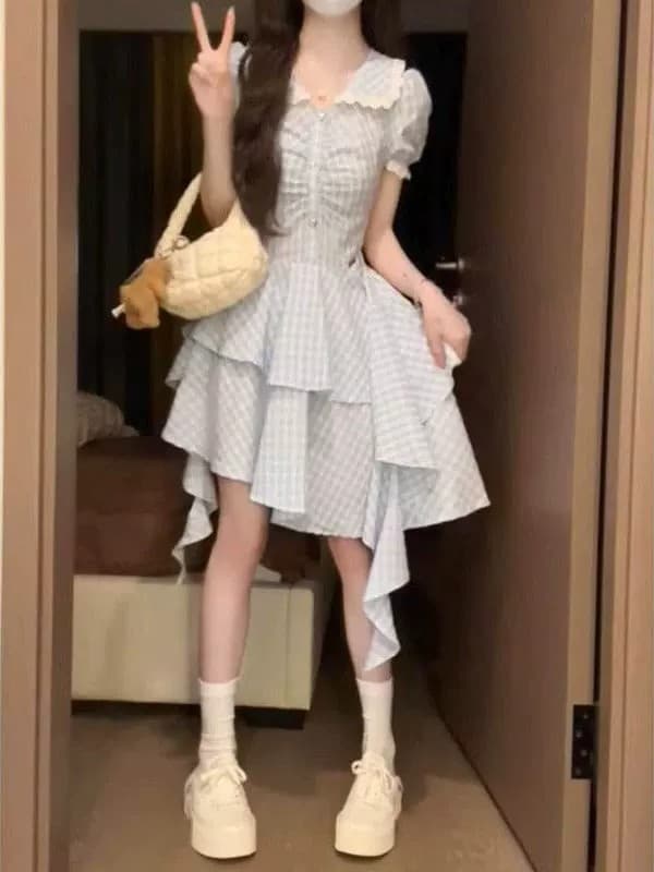 파란색 체크무늬 베이비 칼라 여성 드레스 여름 작은 키 레트로 학원 스타일 디자인 센스 불규칙 짧은 치마 상세 이미지 14