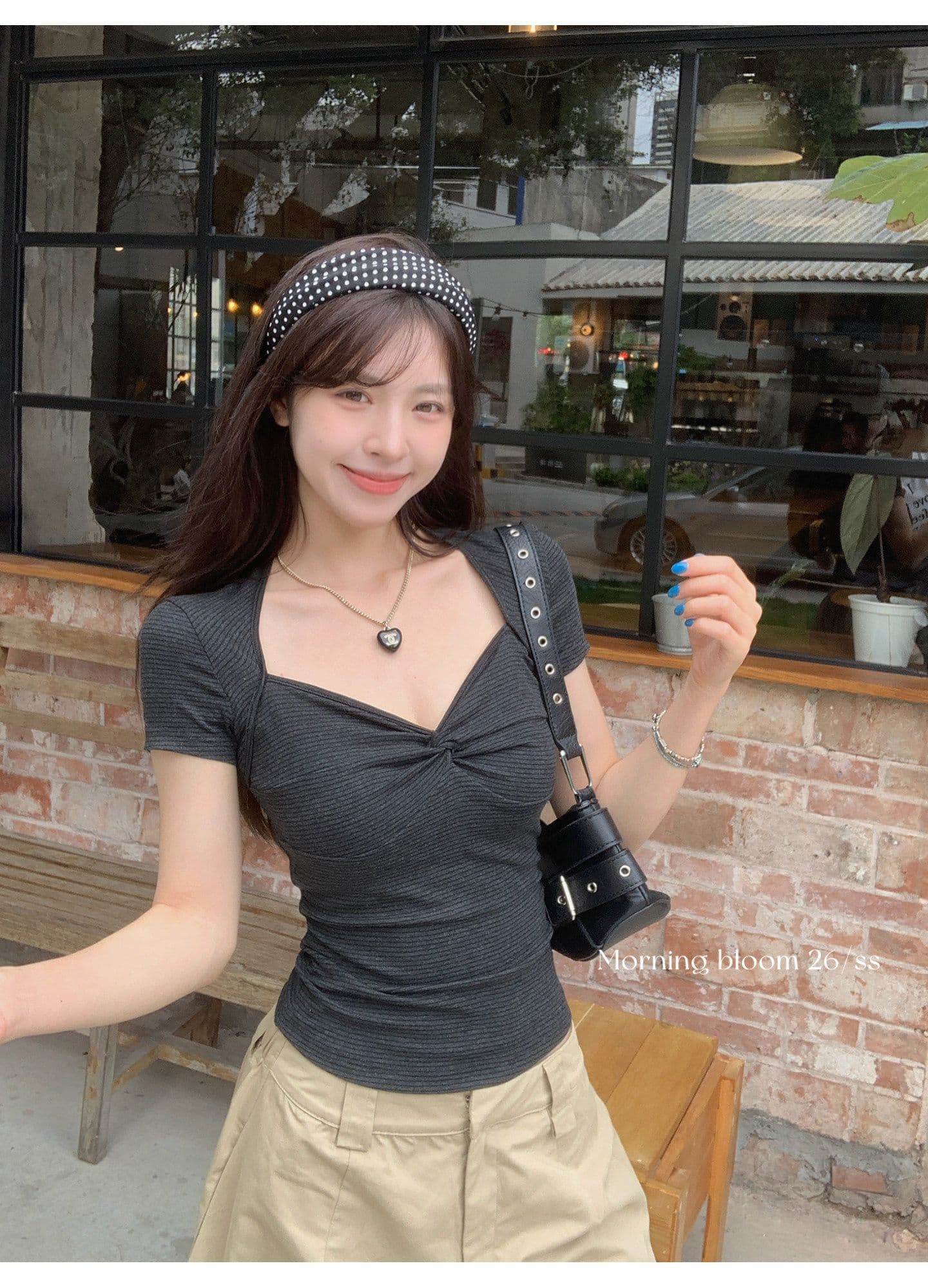 원본 것 스트라이프 V넥 비틀림 반팔 티셔츠 여성 여름 한 부서 착용 가져 가라. 작은 키 쇼트 스타일 맨위 상세 이미지 4