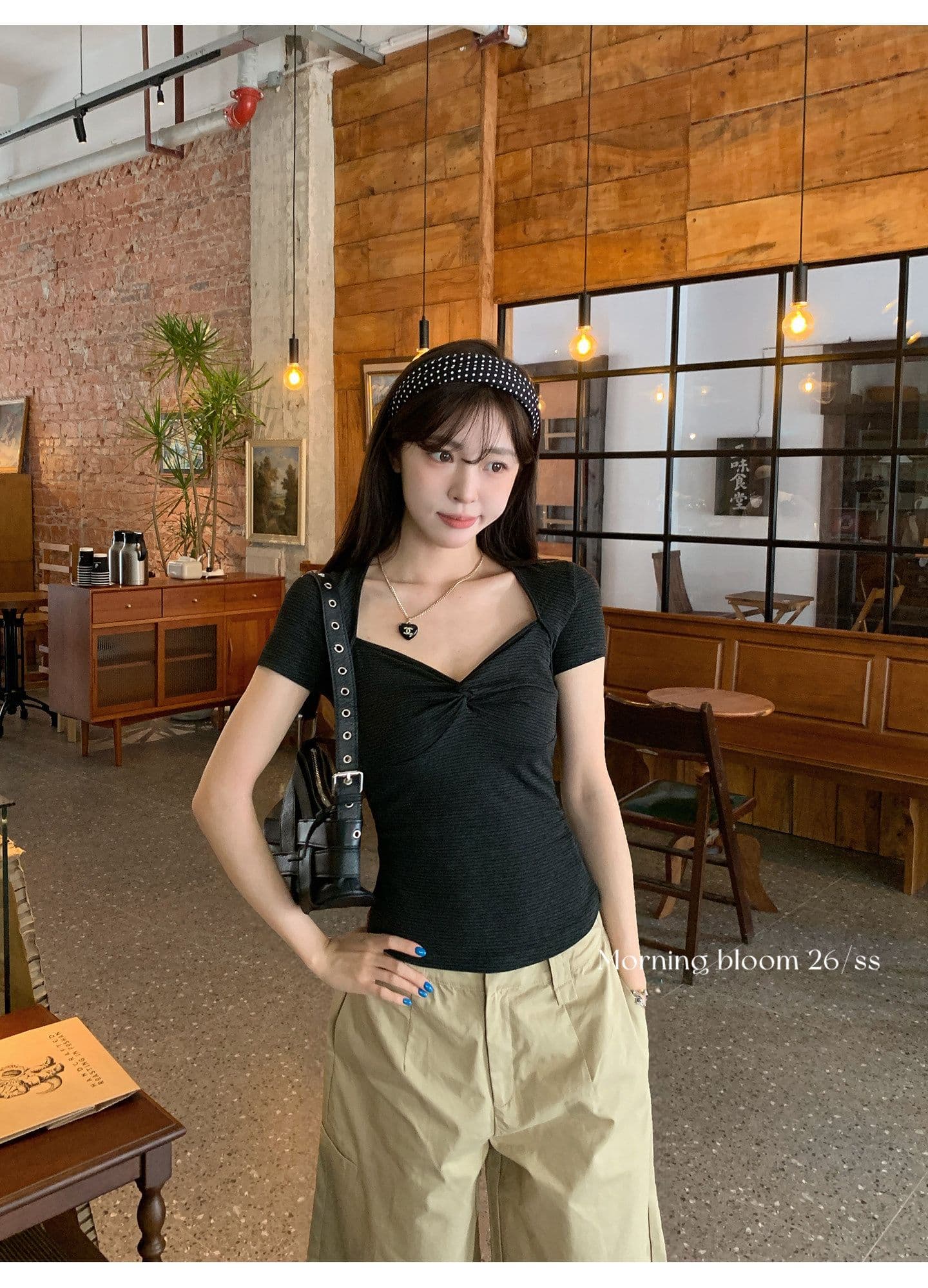 원본 것 스트라이프 V넥 비틀림 반팔 티셔츠 여성 여름 한 부서 착용 가져 가라. 작은 키 쇼트 스타일 맨위 상세 이미지 7