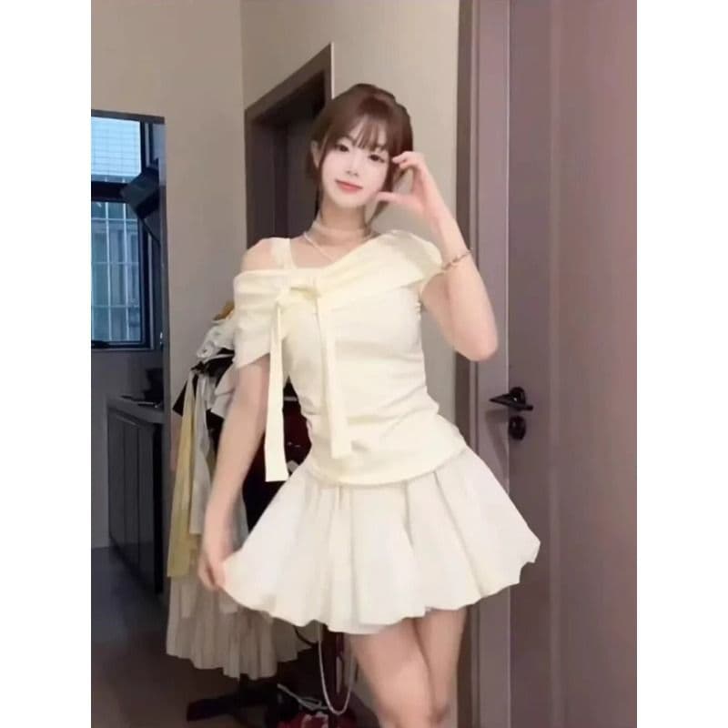 원본 것 디자인 센스 오프숄더 레이스 조각 나비 매듭 반팔 티셔츠 여성 여름 순수한 욕망 맨위 이미지 2