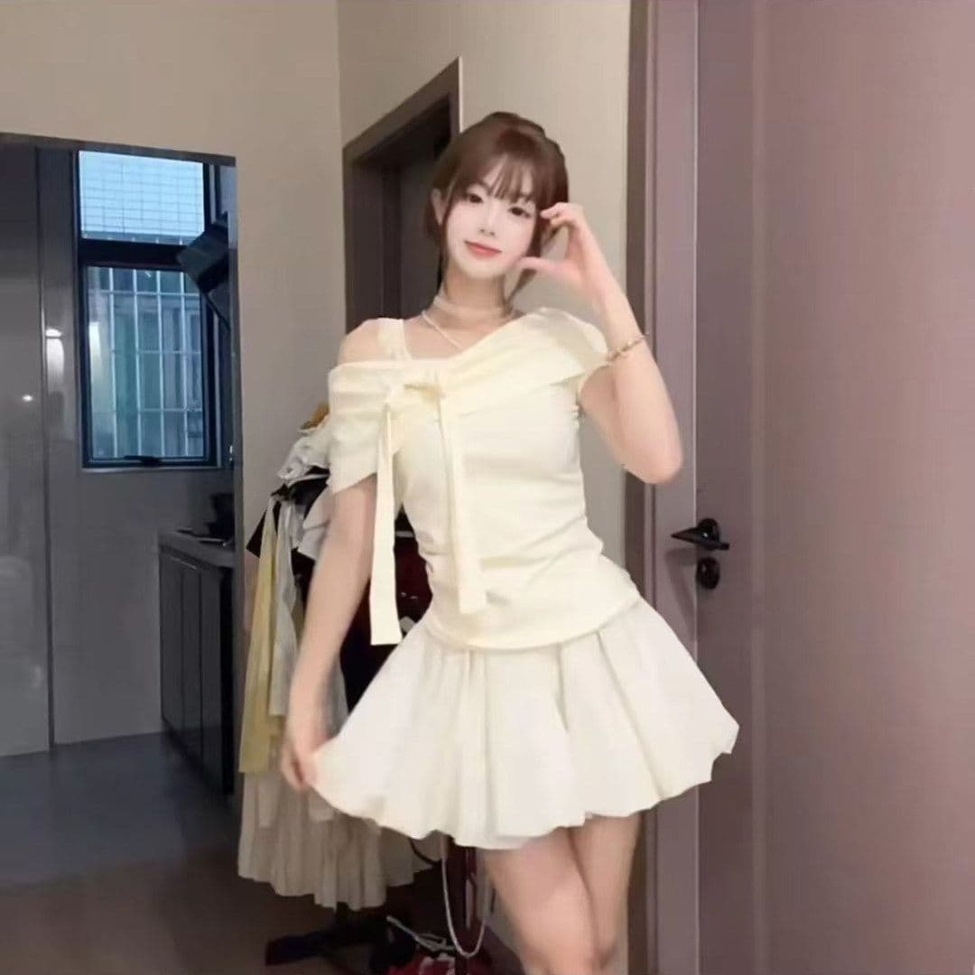 원본 것 디자인 센스 오프숄더 레이스 조각 나비 매듭 반팔 티셔츠 여성 여름 순수한 욕망 맨위 상세 이미지 2