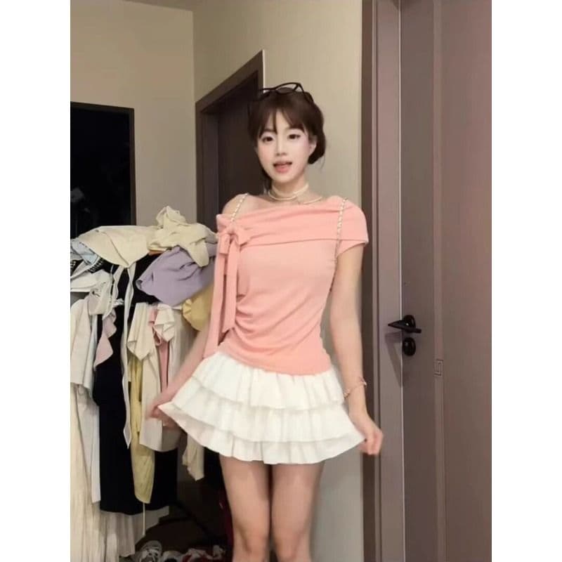 원본 것 디자인 센스 오프숄더 레이스 조각 나비 매듭 반팔 티셔츠 여성 여름 순수한 욕망 맨위 상세 이미지 7