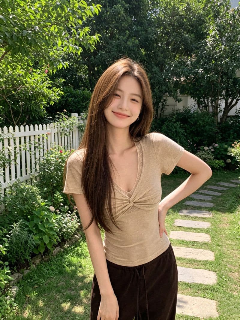 원본 원단 순수한 욕망 레이스 조각 V넥 매듭 반팔 티셔츠 여성 여름 몸매 가꾸기 슬림해 보이는 쇼트 스타일 맨위 상세 이미지 8
