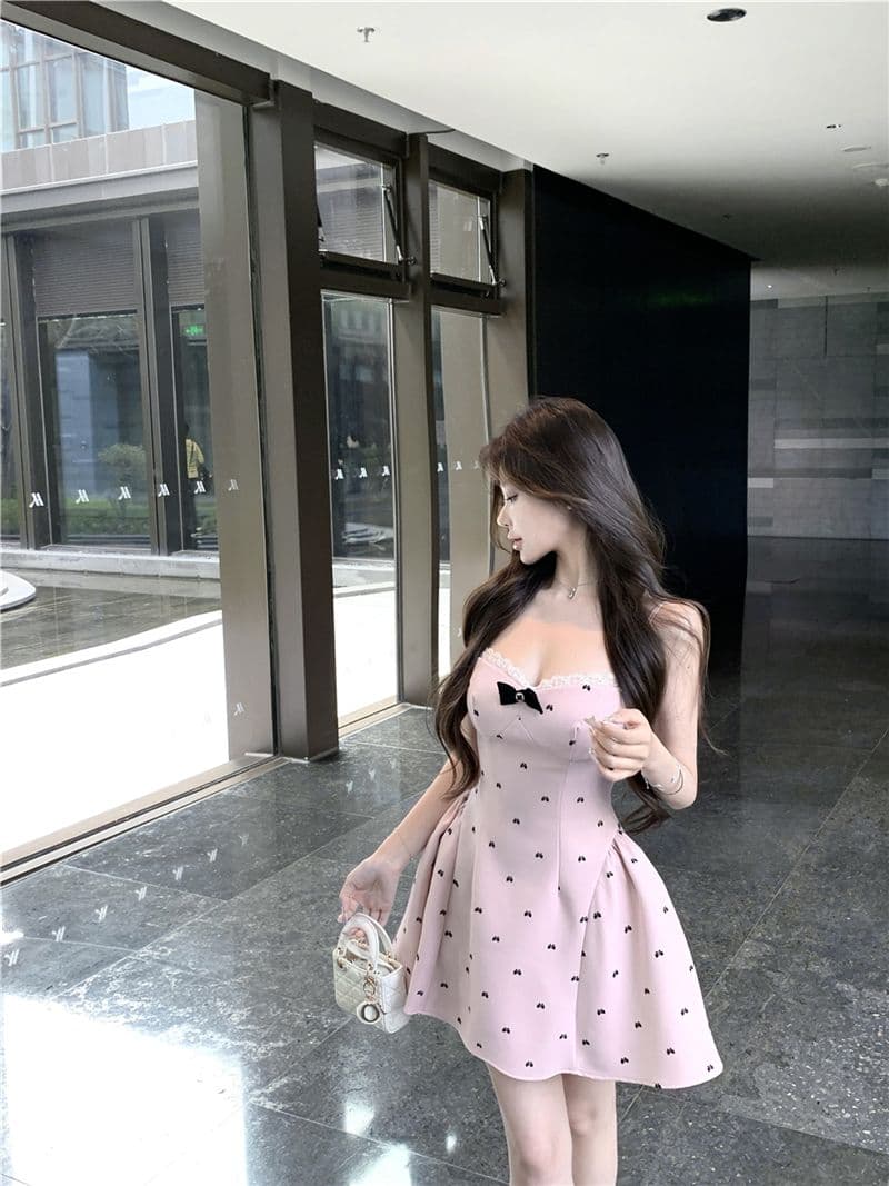 나비 매듭 프린트 슬립 여성 드레스 여름 순수한 욕망 허리 수축 미니 스커트 핫걸 품격 몸매 가꾸기 퍼프 A라인 스커트 상세 이미지 5