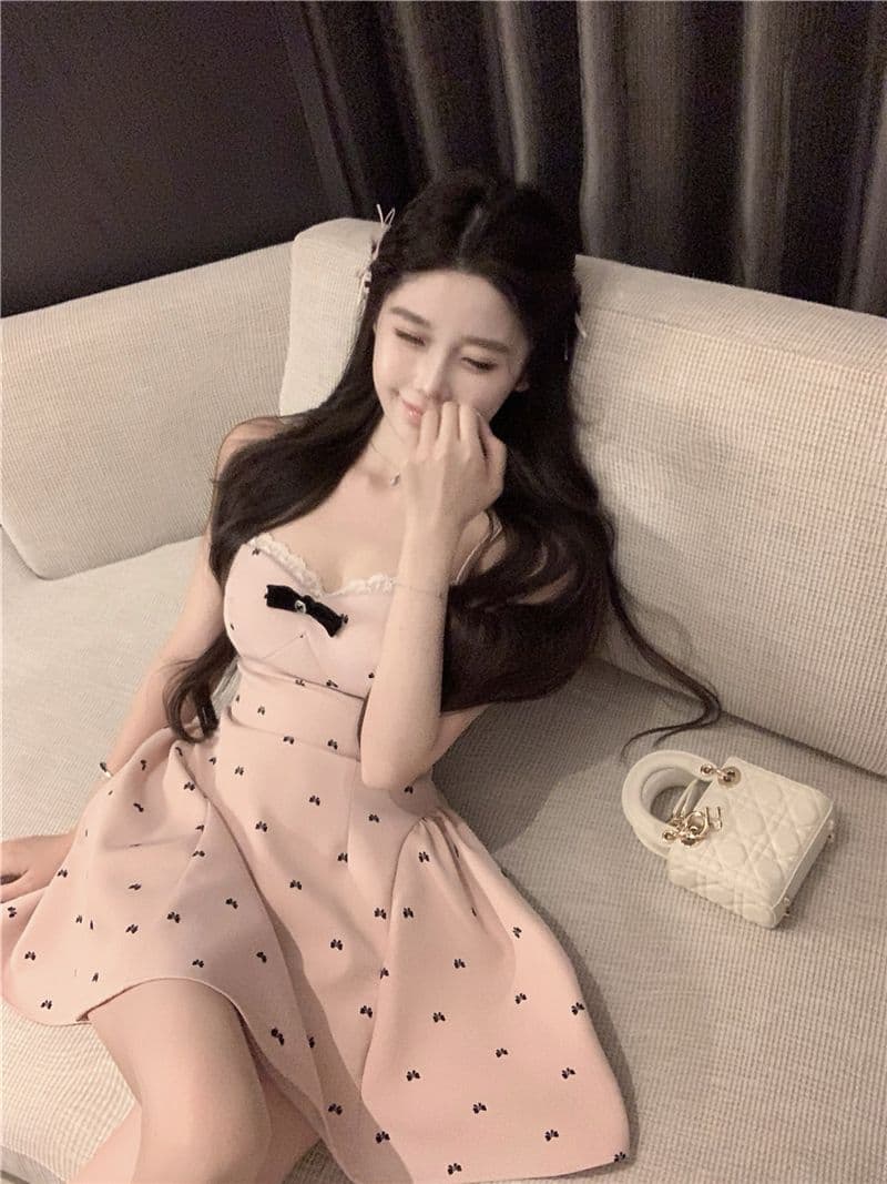 나비 매듭 프린트 슬립 여성 드레스 여름 순수한 욕망 허리 수축 미니 스커트 핫걸 품격 몸매 가꾸기 퍼프 A라인 스커트 상세 이미지 6