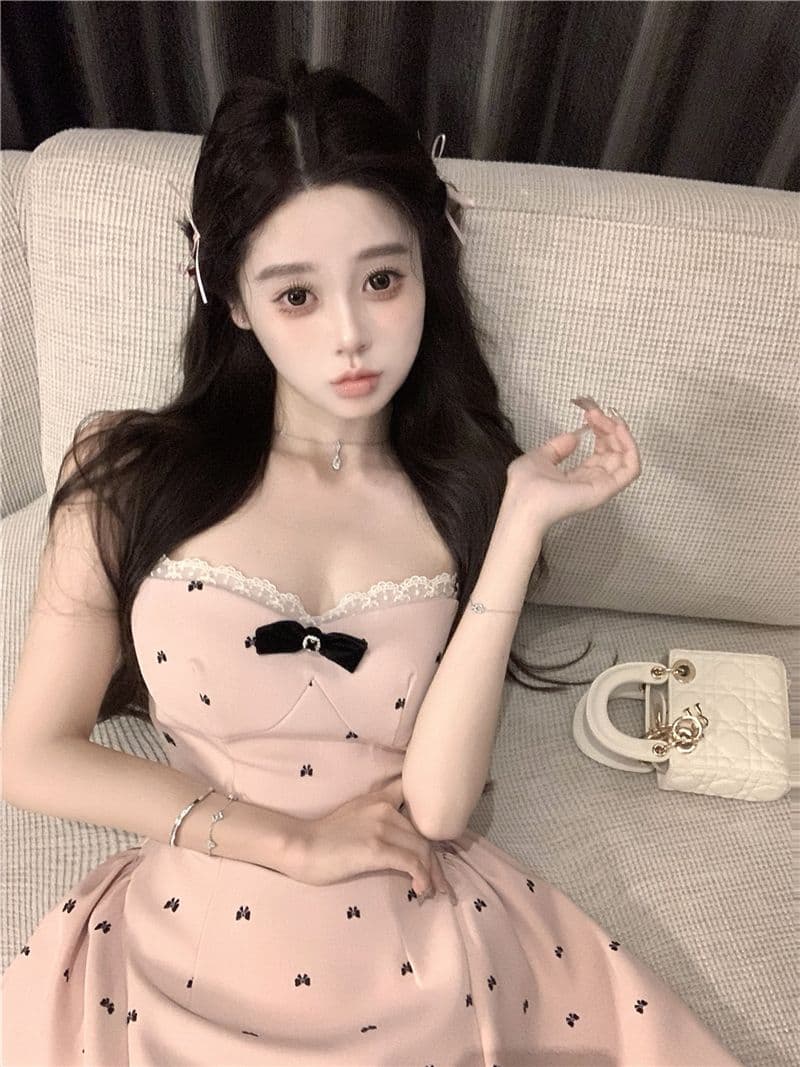 나비 매듭 프린트 슬립 여성 드레스 여름 순수한 욕망 허리 수축 미니 스커트 핫걸 품격 몸매 가꾸기 퍼프 A라인 스커트 상세 이미지 7