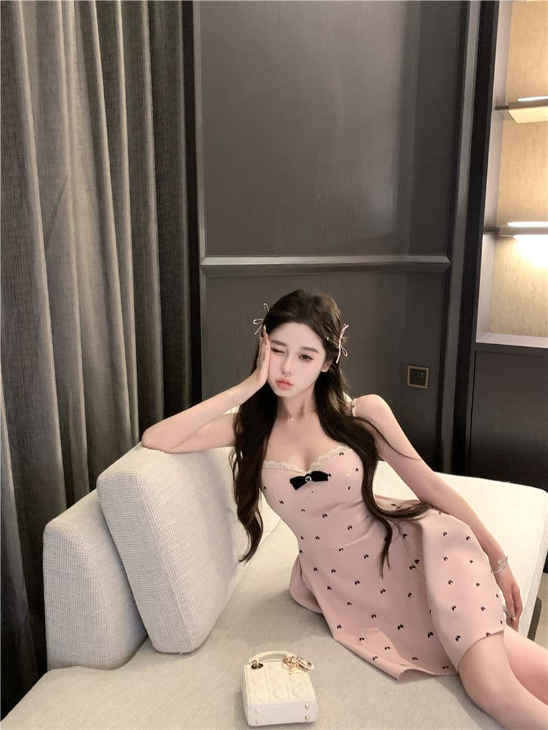 나비 매듭 프린트 슬립 여성 드레스 여름 순수한 욕망 허리 수축 미니 스커트 핫걸 품격 몸매 가꾸기 퍼프 A라인 스커트 상세 이미지 8