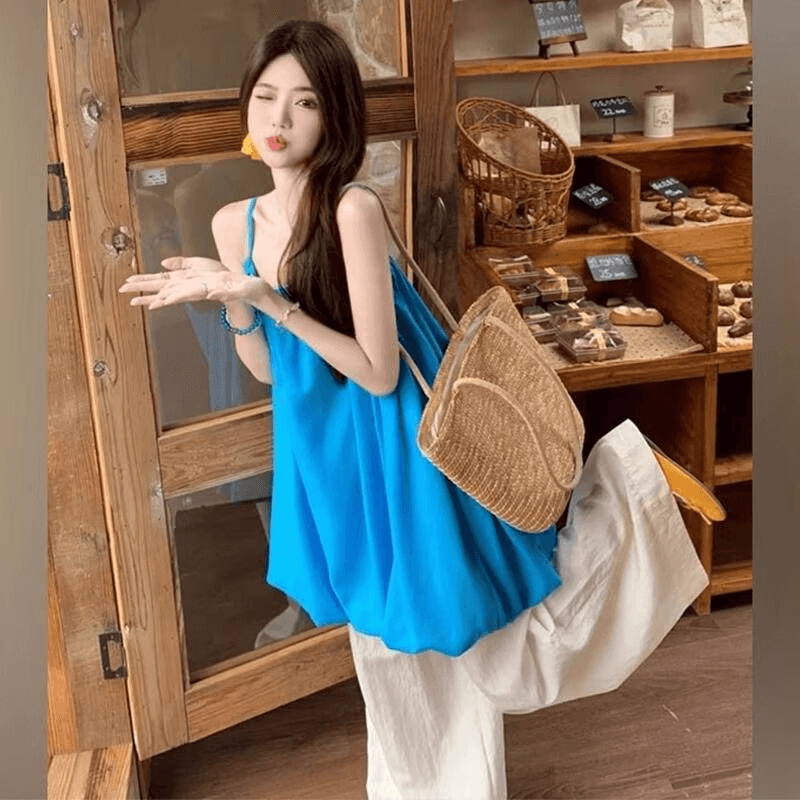 어깨끈 수 있습니다. 조정 도파민 파란색 슬립 드레스 여름 미니 스커트 해변가 휴가 바람 분위기 센스 이미지 3