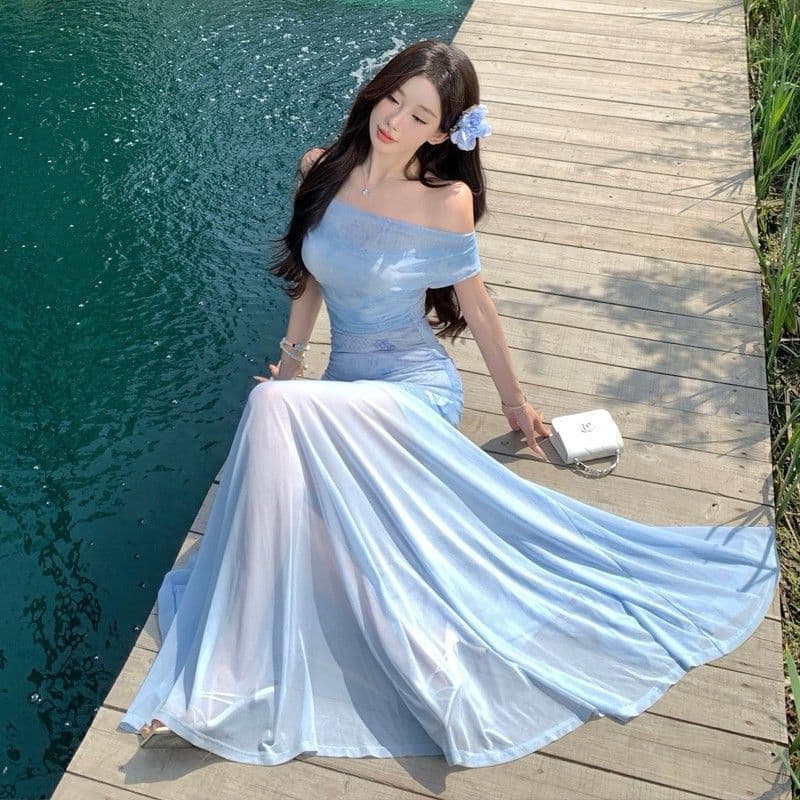 프랑스식 망사 패치워크 슬립 여성 드레스 여름 새로운 해변가 휴가 바람 허리 수축 슬림해 보이는 롱 스커트 이미지 2
