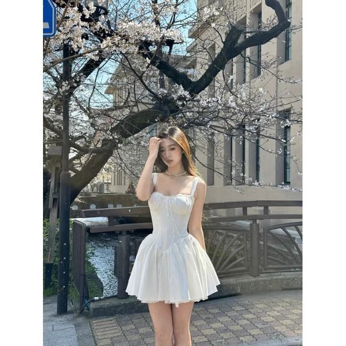 kumikumi 달콤한 스타일 화이트 슬립 드레스 여성 의류 여름 품격 아름다운 chic 허리 수축 슬림해 보이는 미니 스커트 상세 이미지 5