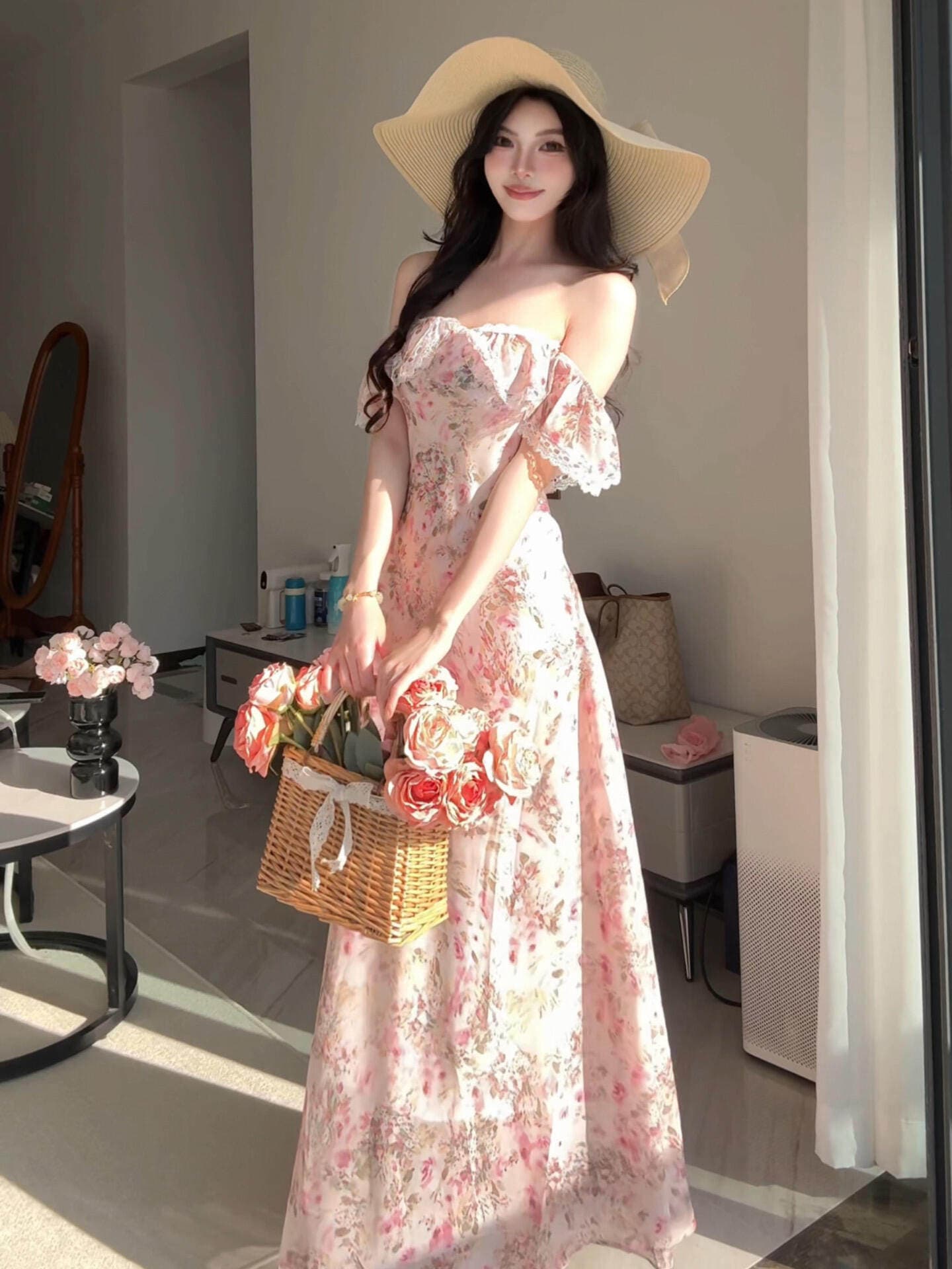 오프숄더 프랑스식 깨진 꽃차 휴식 여성 드레스 여름 휴가 부드러운 바람 롱 스커트 허리 수축 아름다운 품격 치마 이미지 4