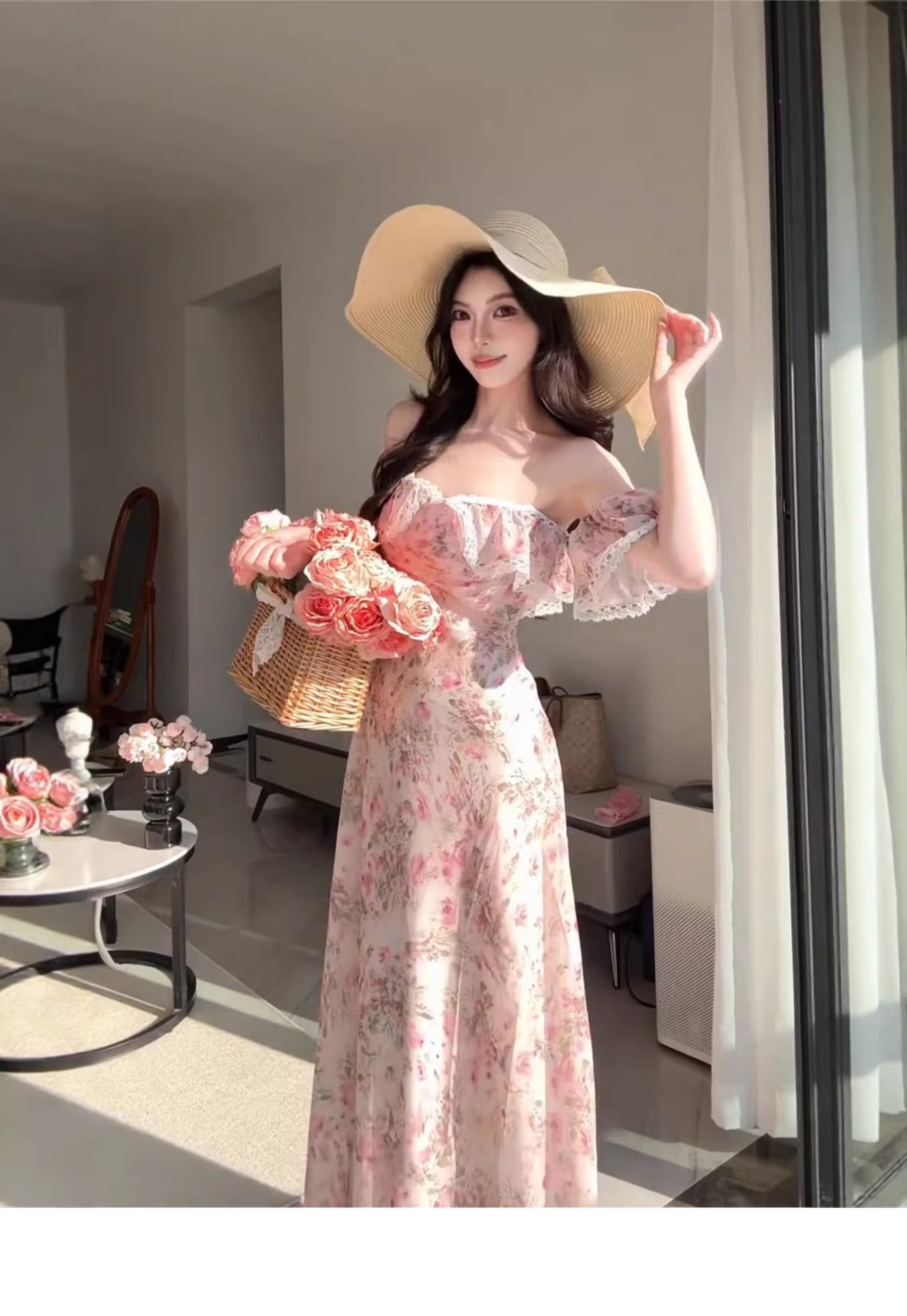 오프숄더 프랑스식 깨진 꽃차 휴식 여성 드레스 여름 휴가 부드러운 바람 롱 스커트 허리 수축 아름다운 품격 치마 상세 이미지 4