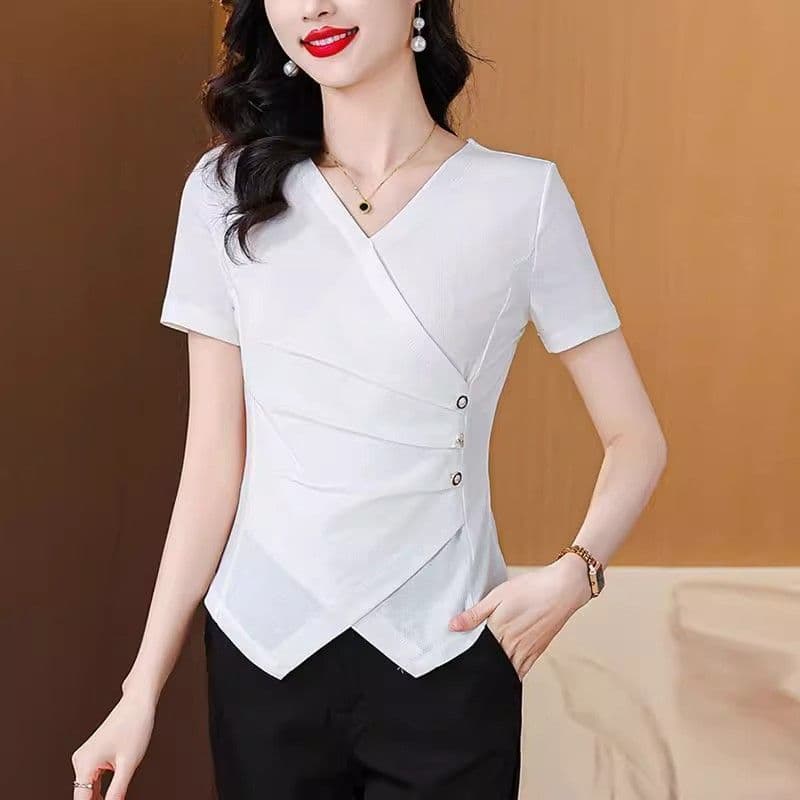 40 92 면 반팔 티셔츠 여성 여름 새로운 불규칙 연령 감소 슬림해 보이는 작은 키 다용도 외국 가스 맨위
