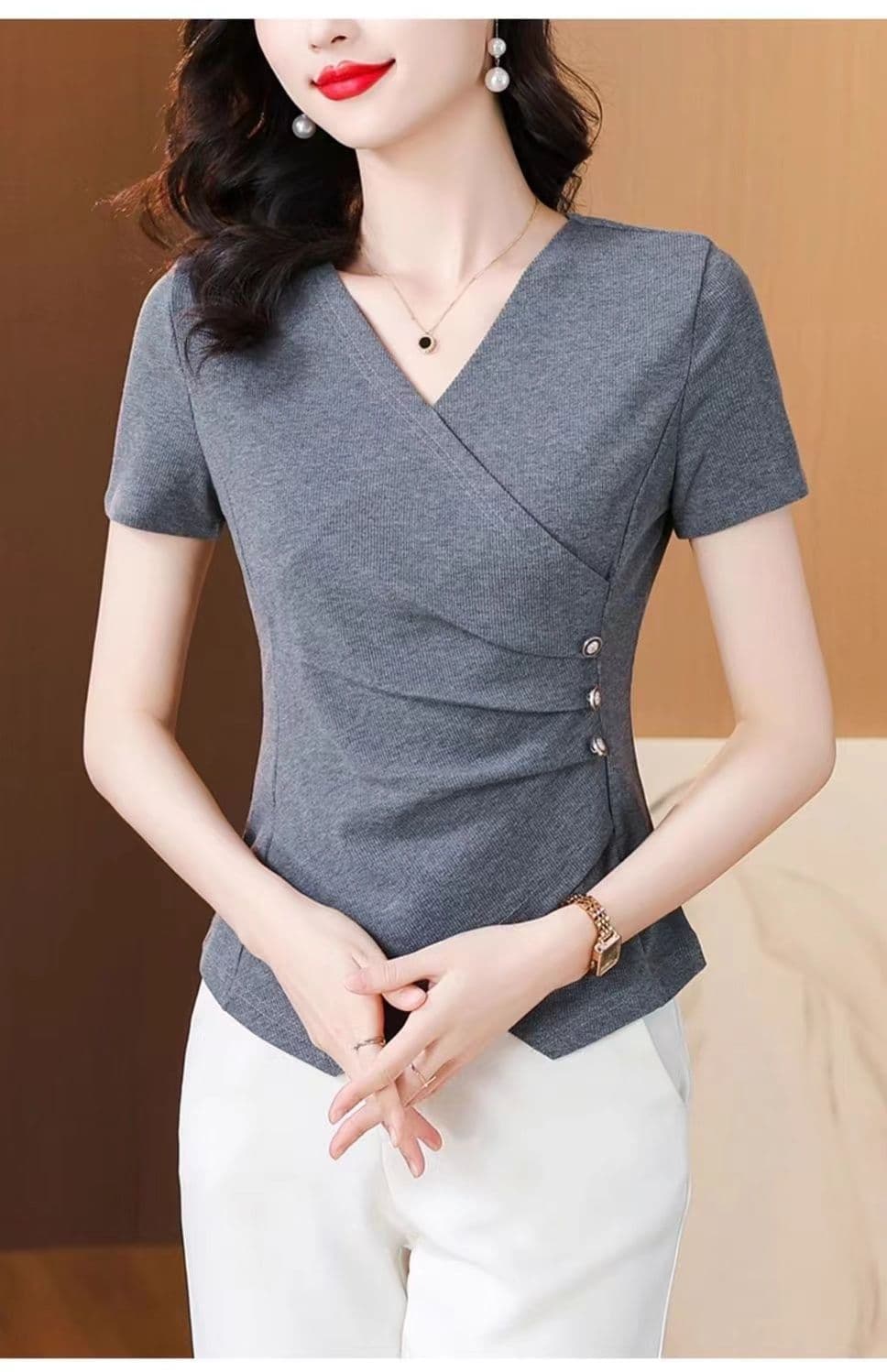 40 92 면 반팔 티셔츠 여성 여름 새로운 불규칙 연령 감소 슬림해 보이는 작은 키 다용도 외국 가스 맨위 상세 이미지 9