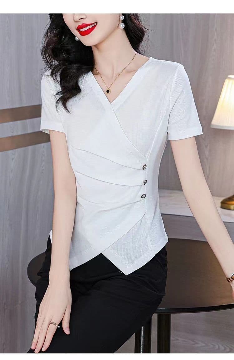 40 92 면 반팔 티셔츠 여성 여름 새로운 불규칙 연령 감소 슬림해 보이는 작은 키 다용도 외국 가스 맨위 상세 이미지 15