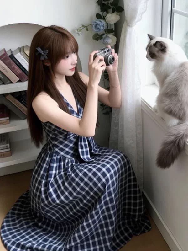 프랑스식 레트로 체크무늬 행침 목 여성 드레스 여름 새로운 디자인 센스 작은 대중 V넥 나비 매듭 허리 수축 롱 스커트 이미지 4