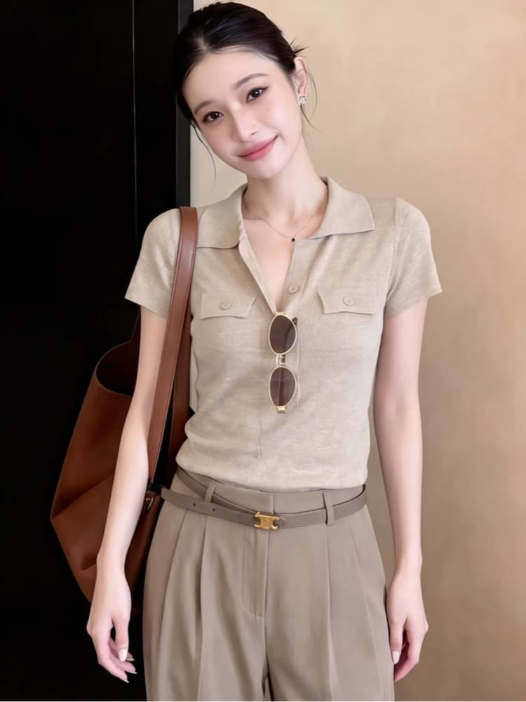오래된 돈 바람 POLO 칼라 긍정적 인 어깨 반팔 티셔츠 여성 여름 고급 센스 몸매 가꾸기 쇼트 스타일 니트 스웨터 폴로 칼라 맨위 얇은 상세 이미지 3