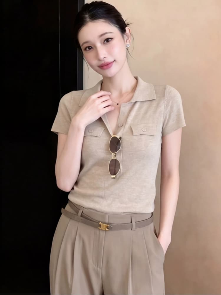 오래된 돈 바람 POLO 칼라 긍정적 인 어깨 반팔 티셔츠 여성 여름 고급 센스 몸매 가꾸기 쇼트 스타일 니트 스웨터 폴로 칼라 맨위 얇은 상세 이미지 4