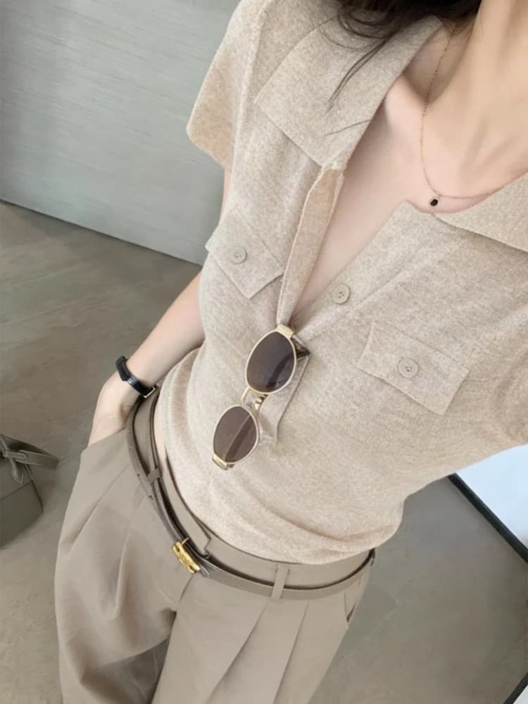 오래된 돈 바람 POLO 칼라 긍정적 인 어깨 반팔 티셔츠 여성 여름 고급 센스 몸매 가꾸기 쇼트 스타일 니트 스웨터 폴로 칼라 맨위 얇은 상세 이미지 6