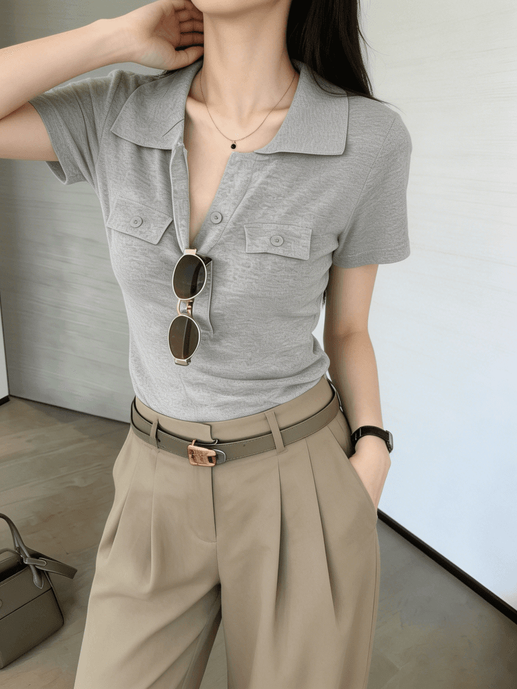 오래된 돈 바람 POLO 칼라 긍정적 인 어깨 반팔 티셔츠 여성 여름 고급 센스 몸매 가꾸기 쇼트 스타일 니트 스웨터 폴로 칼라 맨위 얇은 상세 이미지 7