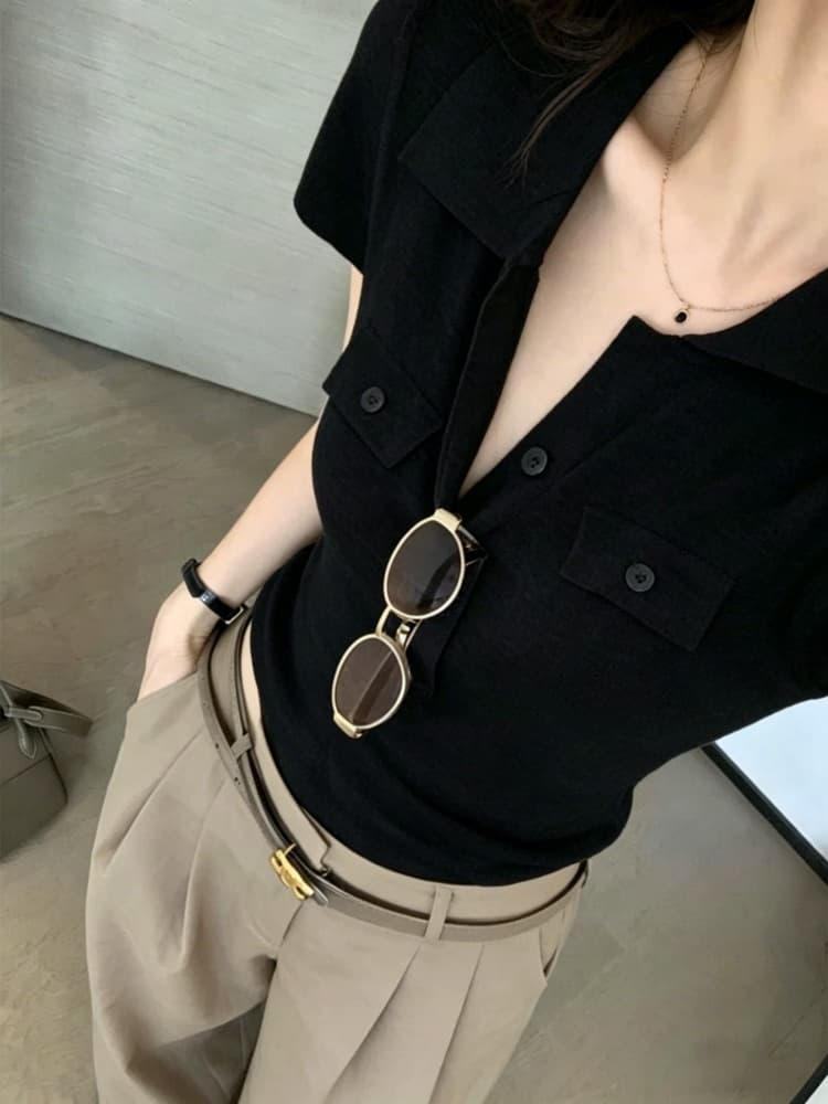 오래된 돈 바람 POLO 칼라 긍정적 인 어깨 반팔 티셔츠 여성 여름 고급 센스 몸매 가꾸기 쇼트 스타일 니트 스웨터 폴로 칼라 맨위 얇은 상세 이미지 9