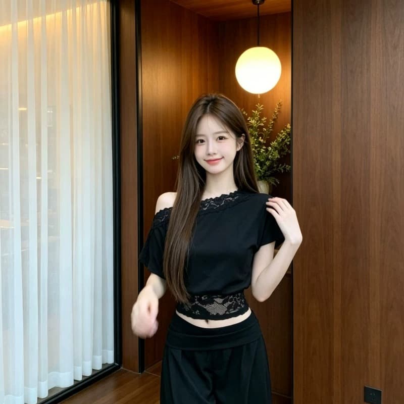 260 그램 사람들 면 순수한 욕망 바람 레이스 조각 비스듬한 어깨 허리 수축 반팔 티셔츠 맨위 여성 여름 새로운 허리 수축 슬림해 보이는 이미지 3